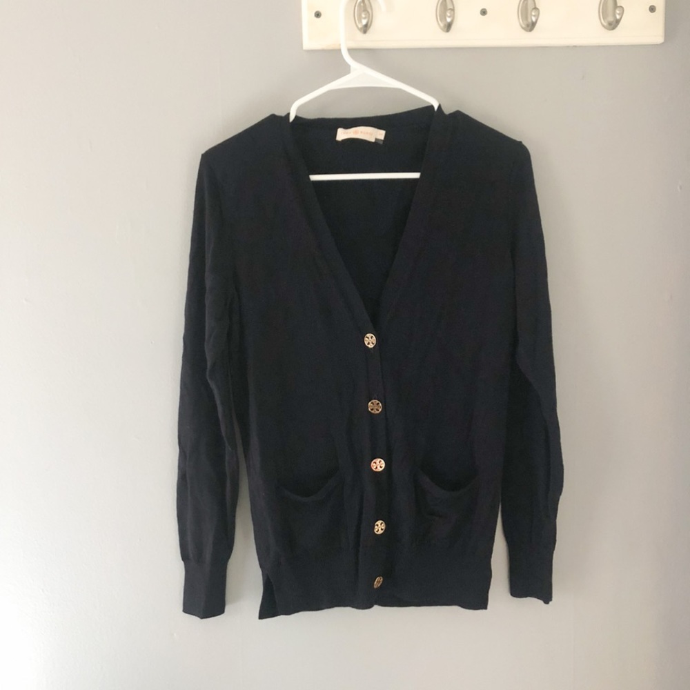 Tory Burch Navy Blue 100% Merino Wool V-Neck Cardigan Small Gold Logo Buttons